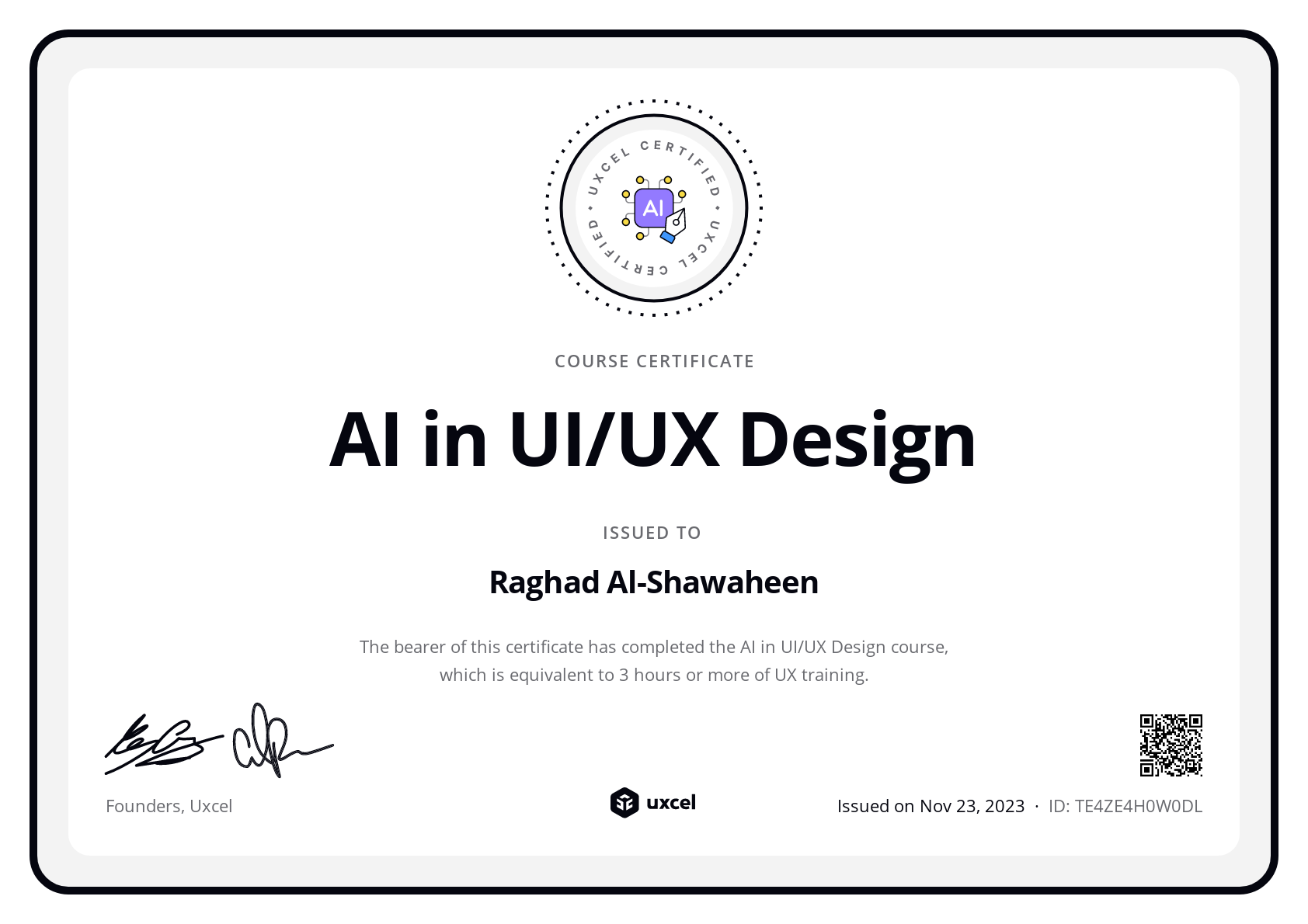 Raghad Al-Shawaheen's certificate